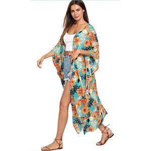 Women's Flowy Kimono Cardigan Open Front Maxi Dress Turquoise S-XX-Large